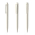 A set of three cream-coloured plastic pens, each displaying a different angle and design. Features a logo on the barrel.