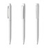 A set of three white plastic pens with a simple design and clips. Each pen features a logo.