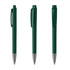 A set of three green metal pens with sleek designs, featuring a clip and a cap on the middle one. Each has a silver tip.