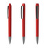A set of three red plastic pens with silver accents and clips, featuring a sleek design.