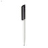 A plastic pen in white with a black clip, featuring a branding logo.