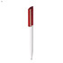 A plastic pen with a red cap and a white body, featuring a simple design and branding on the body.