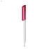 A plastic pen with a white body and a transparent pink cap. It features a logo on the side.
