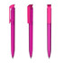 A transparent high gloss pen in vibrant pink, featuring a clip and a sleek design. There is branding visible on the barrel.
