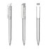 A transparent high gloss plastic pen in three different views, showcasing its sleek design with a clip.