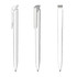Three white plastic pens featuring a soft touch finish and high gloss accents, each with a clip.