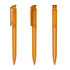 An orange transparent plastic pen with a clip, shown from multiple angles. It features a simple design and a logo.