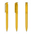 A set of transparent yellow plastic pens with a click mechanism and a pocket clip.