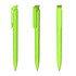 A high gloss green plastic pen displayed from three angles, featuring a clip and a textured grip.