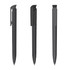 A high-gloss black plastic pen with a sleek design and a clip, featuring a textured surface for grip.