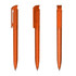 A set of transparent orange plastic pens arranged in three positions, featuring a brand logo on one.
