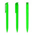 A high gloss transparent green plastic pen with a clip, displayed from multiple angles.