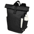A black roll-top backpack with a zippered pocket and side pocket for a drink bottle. Features a logo on the front.