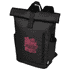 A black roll-top backpack with a pink printed design and side pockets. It features a logo on the front.