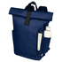 A navy blue roll-top backpack with a side pocket for a drink bottle and a front zip pocket. Features a logo.