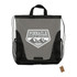 A grey and black drawstring bag with a logo, featuring mesh side pockets and a top handle.