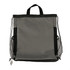 A grey drawstring bag with black mesh side pockets and a top handle, featuring a logo.