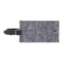 A grey felt luggage tag with a black strap and a metal buckle. It features a simple design and has a logo.