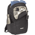A black laptop backpack with various compartments, featuring a drink bottle and carrying a few items inside.