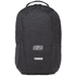 A black backpack with structured design, featuring a logo, suitable for carrying laptops and other items.