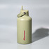 A drink bottle in a light green hue with a secure cap and an attached handle, featuring a branding logo.