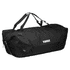 A black duffle bag with a mid blue accent and a logo. It features dual handles and a zippered closure.
