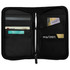 A black recycled travel wallet with RFID blocking, featuring multiple card slots and a pen holder inside.