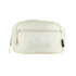 A white recycled sport bum bag with a zippered compartment and a logo tag on the side.