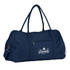 A navy duffel bag with a shoulder strap and logo, featuring a zippered pocket on the front.