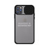 A phone case for an iPhone featuring a black and transparent design with a logo.