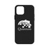 A black iPhone case featuring a logo and a stylised design. The case is sleek and fits the phone snugly.