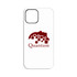 A white iPhone case featuring a maroon logo with a silhouette and abstract shapes.