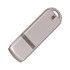 A silver flash drive with a rounded end and a keyring attachment, featuring a simple design and logo.