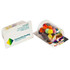 A transparent package containing colourful chocolate beans, alongside a promotional card with a logo.