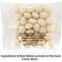 A clear packet containing white chewy mints, displaying ingredients and a logo on the packaging.