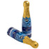 A drink bottle resembling a champagne bottle, with a gold foil top and a blue label featuring a logo, surrounded by chocolate beans.