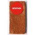 A rectangular chocolate bar with a smooth surface, featuring a prominent red circular logo.