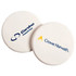 A circular mint card in white featuring logos in blue and yellow.