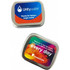 A small rectangular tin with colourful branding, featuring sugar-free lollies inside. It's silver with vibrant designs on both sides.