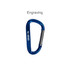 A blue 8cm carabiner with a metal latch and a logo on the side, suitable for keyrings and tools.