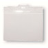 A clear PVC card holder with a top slot for attachment and rounded corners.