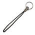 A mobile phone holder in black, featuring a loop with a silver ring for attachment.