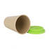A reusable bamboo coffee cup in light brown with a green lid, featuring a logo.