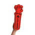 A red foam cheer stick shaped like a hand with fingers raised, featuring a logo design on the side.