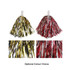 Cheerleading pom poms in gold and silver, and red and silver, with white handles. Features a logo.