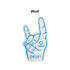 A foam mitt in blue displaying a hand gesture with fingers raised, featuring a logo.