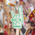 A foam mitt shaped like a hand making a 'rock on' gesture, featuring a green outline and a logo.