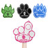 A pink foam mitt shaped like a paw, alongside green, black, and blue paw-shaped foam mitts. Each features a logo.