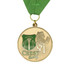 A gold custom medal with a green ribbon, featuring a horse and a shield design with a logo.