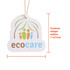 A custom-shaped eco-friendly tag in white with a multicoloured logo, featuring green leaves and people icons.